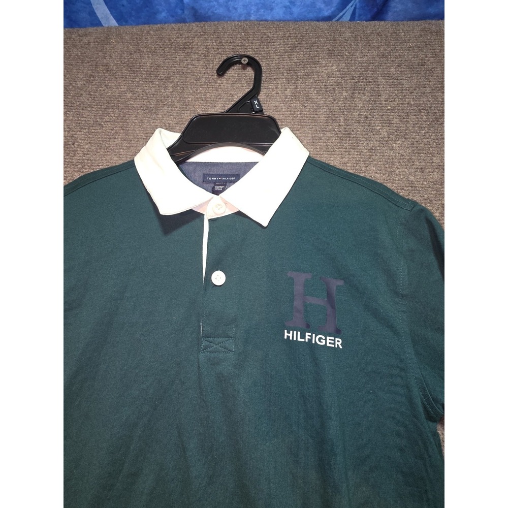 Tommy Hilfiger Boys Green Long Sleeve Rugby Shirt Size M 12-14 Logo Graphic - Picture 2 of 9
